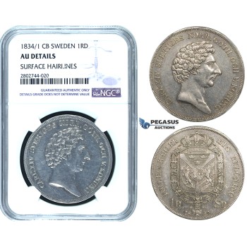 ZE28, Sweden, Carl XIV, 1 Riksdaler 1834/1-CB, Stockholm, Silver, NGC AU