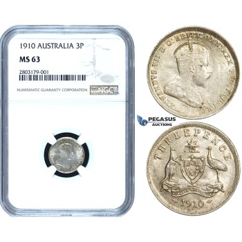 ZE37, Australia, Edward VII, Threepence (3 Pence) 1910, Silver, NGC MS63
