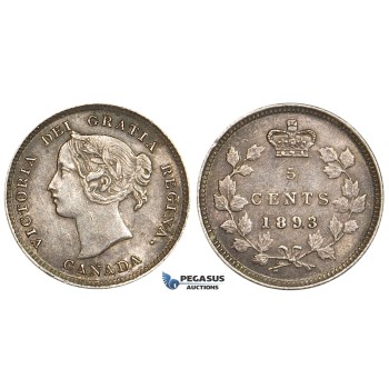 ZE39, Canada, Victoria, 5 Cents 1893, Silver, Toned AU