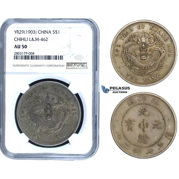 ZE42, China, Chihli, 7 Mace 2 Candareens (Dollar) Year 29 (1903) Tientsin, Silver, L&M 462, NGC AU50