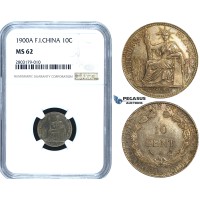 ZE46, French Indo-China, 10 Centimes 1900-A, Paris, Silver, NGC MS62