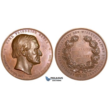 ZE47, Germany, Göttingen, Bronze medal by Brehmer 1877 (Ø 70mm, 179g) On the 100th Birthday of Karl Friedrich Gauss, XF-UNC