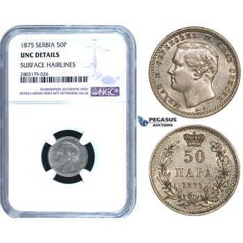 ZE59, Serbia, Milan I. Obrenovic, 50 Para 1875, Silver, NGC UNC Details