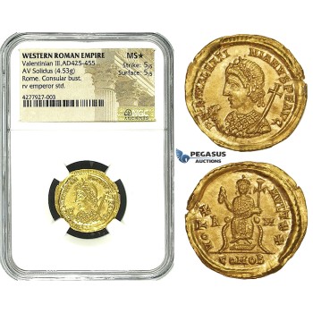 ZE66, Western Roman Empire, Valentinian III (425-455 AD) AV Solidus (4.53g) Rome, 435 AD, Consular Type, NGC MS★ As struck! Very Rare! Possibly finest known!