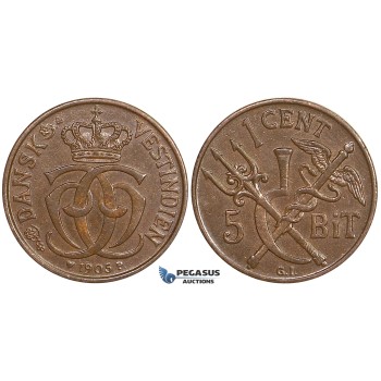 ZE71, Danish West Indies, Christian IX, 1 Cent (5 Bit) 1905, Copenhagen, Brown, AU