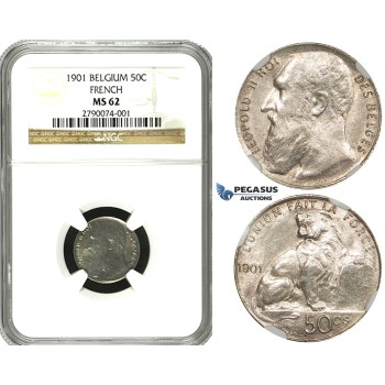ZE76, Belgium, Leopold II, 50 Centimes 1901, Brussels, Silver, NGC MS62