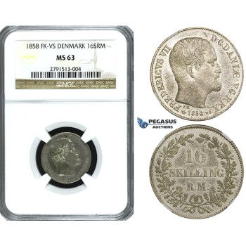 ZE79, Denmark, Frederik VII, 16 Skilling rigsmønt 1858 VS, Silver, NGC MS63