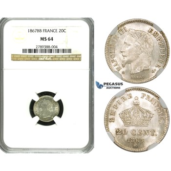 ZE84, France, Napoleon III, 20 Centimes 1867-BB, Strasbourg, Silver, NGC MS64