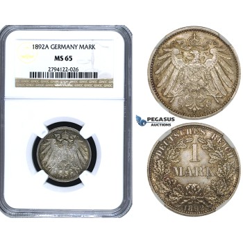 ZE89, Germany, Empire, Wilhelm II, 1 Mark 1892-A, Berlin, Silver, NGC MS65