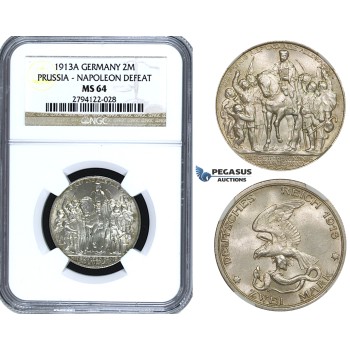 ZE91, Germany, Prussia, Wilhelm II, 2 Mark 1913 (Napoleons Defeat) Silver, NGC MS64
