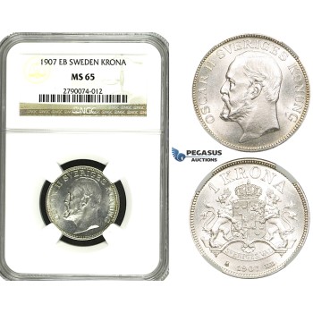 ZF09, Sweden, Oscar II, 1 Krona 1907 EB, Stockholm, Silver, NGC MS65
