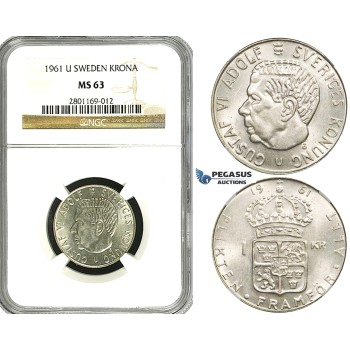 ZF12, Sweden,Gustaf VI Adolf, 1 Krona 1961 U, Stockholm, Silver, NGC MS63