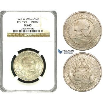 ZF15, Sweden, Gustaf V, 2 Kronor 1921 W (Political Liberty) Stockholm, Silver, NGC MS65