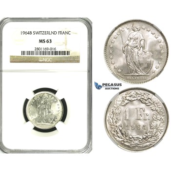 ZF18, Switzerland, 1 Franc 1964-B, Bern, Silver, NGC MS63