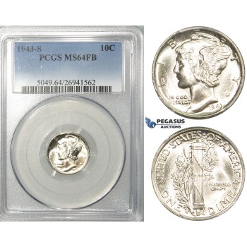 ZF21, United States, Mercury Dime (10C) 1943, Philadelphia, Silver, PCGS MS64
