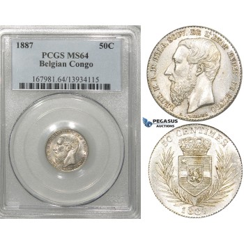 ZF32, Belgian Congo, Leopold II, 50 Centimes 1887, Silver, PCGS MS64