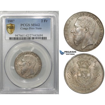 ZF33, Belgian Congo, Leopold II, 2 Francs 1887, Silver, PCGS MS62