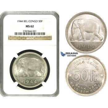 ZF34, Belgian Congo, Leopold III, 50 Francs 1944, Silver, NGC MS62