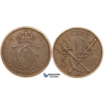 ZF38, Danish West Indies, Christian X, 1 Cent/5 Bit 1913, Copenhagen, VF