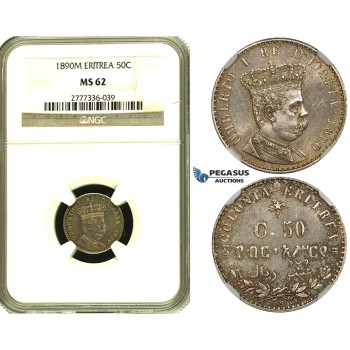 ZF39, Eritrea, Umberto I, 50 Centesimi 1890­-M, Milan, Silver, NGC MS62