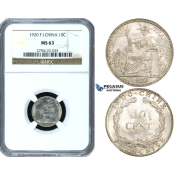 ZF41, French Indo-China (Vietnam) 10 Centimes 1920, Philadelphia, Silver, NGC MS63