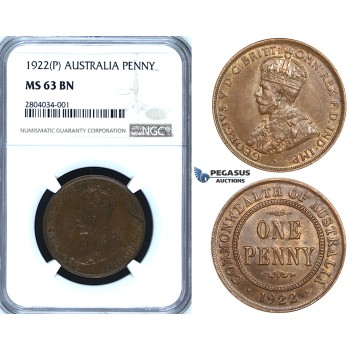 ZF52, Australia, George V, 1 Penny 1922 (P) Perth, NGC MS63BN