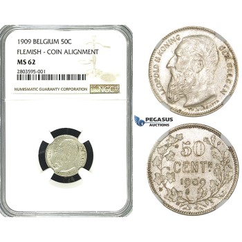 ZF53, Belgium, Leopold II, 50 Centimes 1909, Silver, NGC MS62 (Flemish, coin align.)