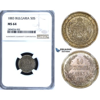 ZF55, Bulgaria, Alexander I, 50 Stotinki 1883, St. Petersburg, Silver, NGC MS64
