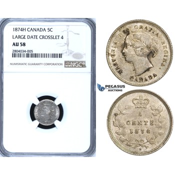 ZF58, Canada, Victoria, 5 Cents 1874-H, Heaton, Silver, NGC AU58 Large date Crosslet 4