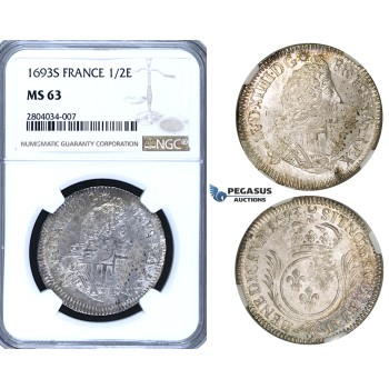 ZF60, France, Louis XIV, 1/2 Ecu 1693-S, Troyes, Silver, NGC MS63, Pop 1/0, Finest!