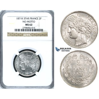 ZF61, France, Third Republic, 2 Francs 1871-K, Bordeaux, Silver, NGC MS62 No Motto