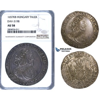 ZF69, Hungary, Ferdinand III, Taler 1657-KB, Kremnitz, Silver, NGC AU58, Pop 2
