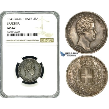 ZF71, Italy, Sardinia, Carlo Roberto, 1 Lira 1843-­Eagle P, Turin, Silver, NGC MS62, Pop 1/0, Finest!