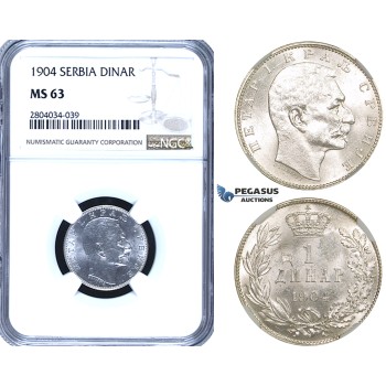 ZF92, Serbia, Petar I, 1 Dinar 1904, Silver, NGC MS63, Pop 1/0