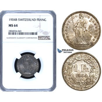 ZF95, Switzerland, 1 Franc 1904-B, Bern, Silver, NGC MS64, Pop 1/0, Finest! Rare!