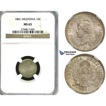 ZF98, Argentina, 10 Centavos 1882, Silver, NGC MS65, Pop 1/1, No finer!