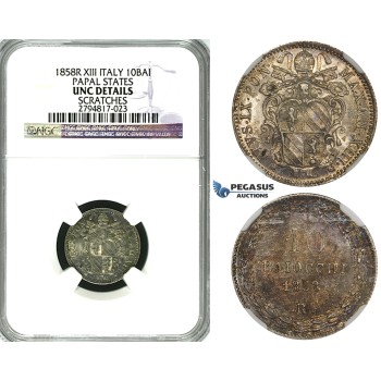 ZG06, Italy, Papal, Pius IX, 10 Baiocchi 1858-R XIII, Rome, Silver, NGC UNC Details Scratches