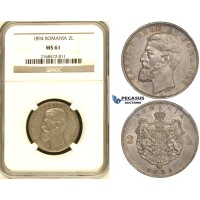 ZG08, Romania, Carol I, 2 Lei 1894, Brussels, Silver, NGC MS61 ZG08, Romania, Carol I, 2 Lei 1894, Brussels, Silver, NGC MS61