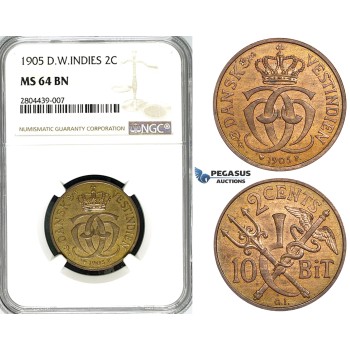 ZG22, Danish West Indies, Christian IX, 2 Cents (10 Bit) 1905, Copenhagen, NGC MS64BN