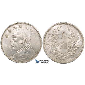 ZG29, China, Fat Man Yuan (Dollar) Year 9 (1920) Silver, L&M 77, White AU (Faint hairlines)