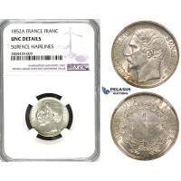 ZG30, France, Napoleon III, 1 France 1852-A, Paris, Silver, NGC UNC Details