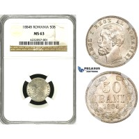 ZG31, Romania, Carol I, 50 Bani 1884-B, Bucharest, Silver, NGC MS63, Rare!