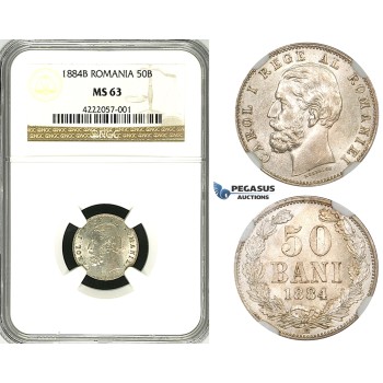 ZG31, Romania, Carol I, 50 Bani 1884-B, Bucharest, Silver, NGC MS63, Rare!