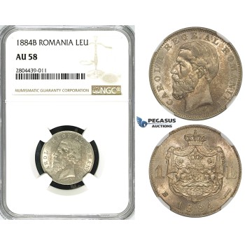 ZG32, Romania, Carol I, 1 Leu 1884-B, Bucharest, Silver, NGC AU58