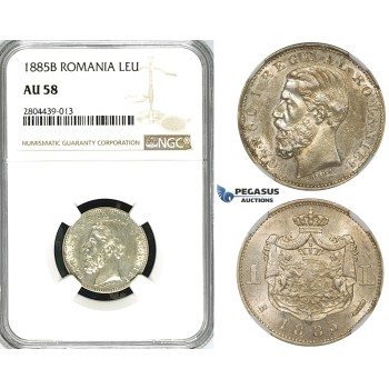 ZG33, Romania, Carol I, 1 Leu 1885-B, Bucharest, Silver, NGC AU58, Rare!