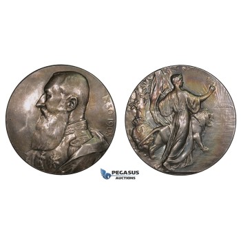 ZG53, Belgium, Leopold II, Silver Medal (Ø 69mm, 120g) by G. Devreese, Commemorating the 75th Anniversary of Belgian Independence