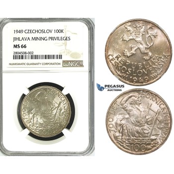 ZG58, Czechoslovakia, 100 Korun 1949 (Jihlava Mining Privileges) Silver, NGC MS66