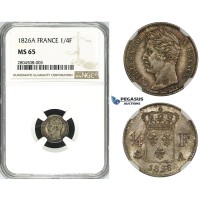 ZG61, France, Charles X, 1/4 Franc 1826-A, Paris, Silver, NGC MS65, Pop 1/0, Finest!