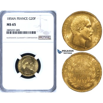 ZG62, France, Napoleon III, 20 Francs 1854-A, Paris, Gold, NGC MS65