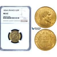 ZG63, France, Napoleon III, 20 Francs 1854-A, Paris, Gold, NGC MS62